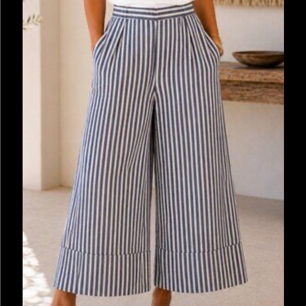 Striped linen Wide-Leg Cropped pull on Pants - Blue/White